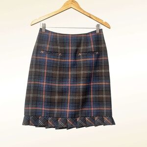 CAbi Plaid Pencil Skirt Size 6 Ruffle Hem Brown Orange Blue Academia Timeless